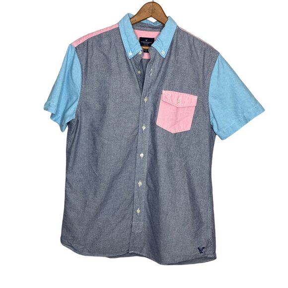 American Eagle Men's Medium M Slim Fit‎ Blue Red Color Block Oxford Button Shirt - Picture 1 of 4